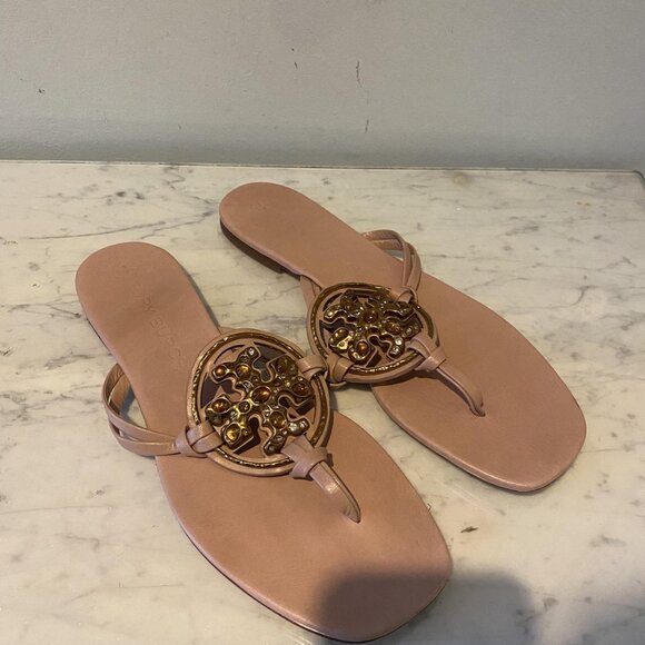 Tory Burch Jeweled Miller Logo Sandals Womens Size 11 Pink Thong Leather Shoes - Picture 2 of 8
